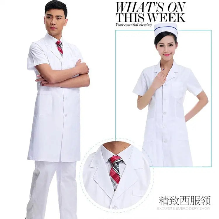 White Showlu unisex short sleeve nurse uniform gown, perfect for doctors and healthcare professionals in hospitals and clinics.