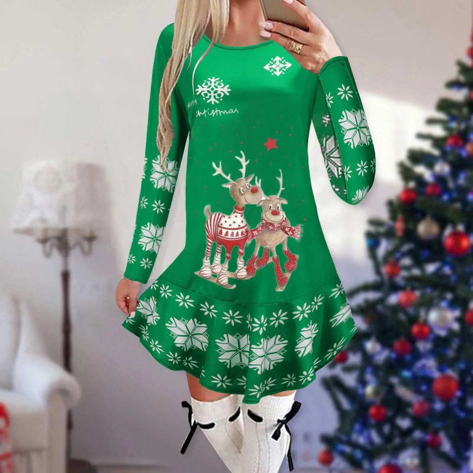 Showlu Fashion Store 20 / M Christmas Dresses for Women Elk Print Long Sleeve Mini Dress Autumn Winter Fashion Ladies Holiday Mini Dresses New Year 2024