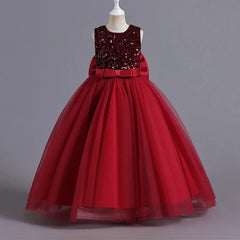 Showlu Fashion Store 2011 red / 5T 12 14 Yrs Sequin Kids Party Princess Dress for Girls Sleeveless Bow Birthday Vestidos Kids Formal Gala Gown Bridesmaid Dresses