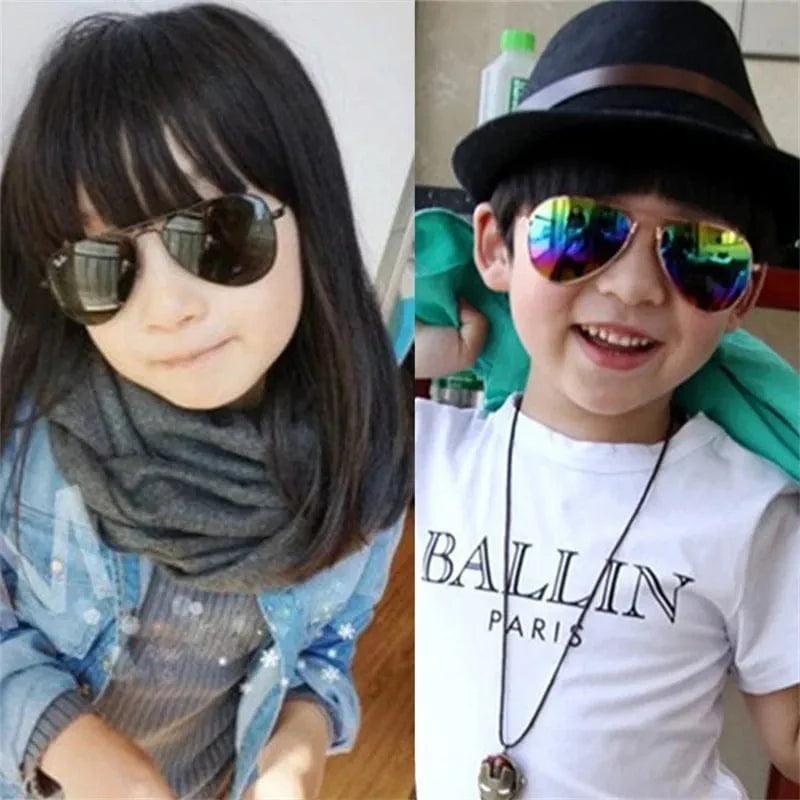 Kids pilot sunglasses with metal frame and mirror lenses, suitable for boys and girls, stylish and protective eyewear for children