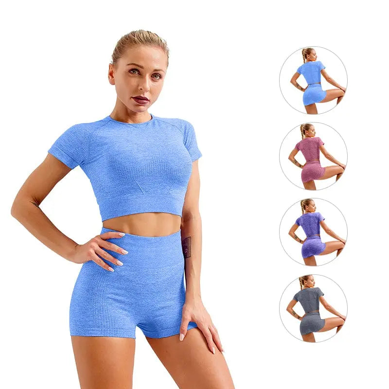 Showlu Women's grey seamless yoga set featuring high elasticity, ideal for fitness and outdoor yoga training.