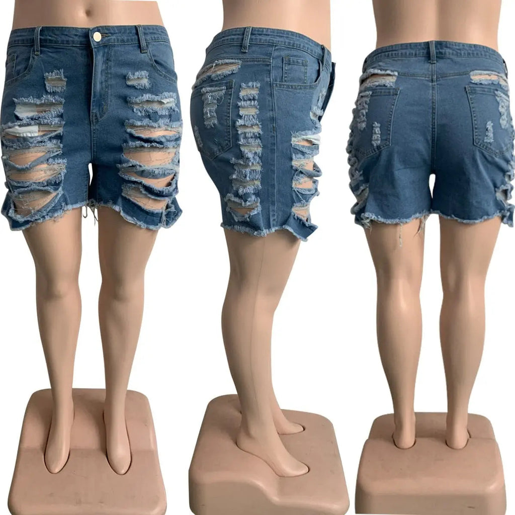 Showlu Women's Plus Size Ripped Denim Shorts with elastic waistband and solid color for a stylish, comfortable fit.
