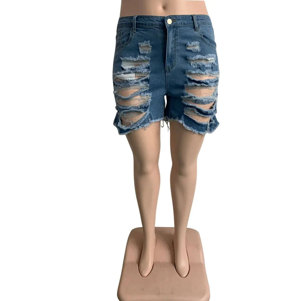 Showlu Women's Plus Size Ripped Denim Shorts with elastic waistband and stylish distressed details, perfect for casual summer wear.