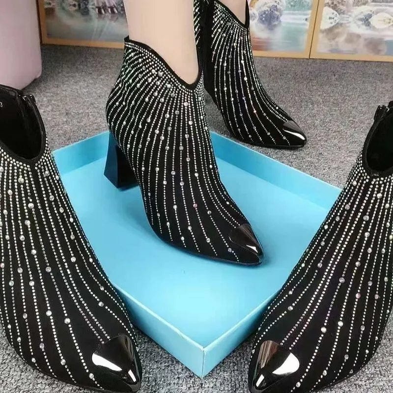 Showlu Fashion Store 2022 New Women Rhinestone Ankle Boots,Fashion Autumn/Winter Shoes,Shine Short Botas,Side Zip,Pointed Toe,Black