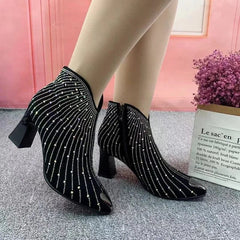 Showlu Fashion Store 2022 New Women Rhinestone Ankle Boots,Fashion Autumn/Winter Shoes,Shine Short Botas,Side Zip,Pointed Toe,Black