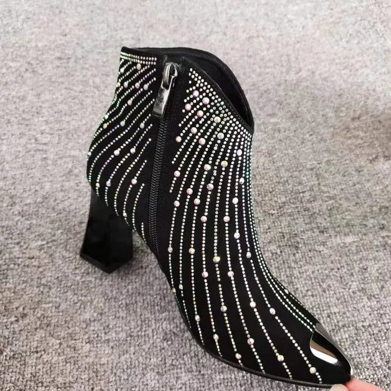 Showlu Fashion Store 2022 New Women Rhinestone Ankle Boots,Fashion Autumn/Winter Shoes,Shine Short Botas,Side Zip,Pointed Toe,Black