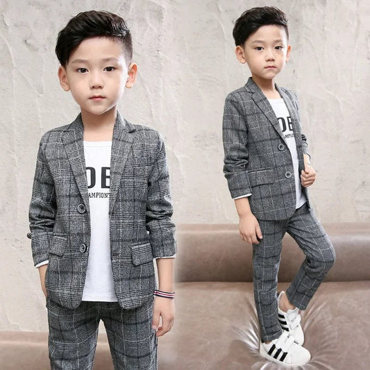 Showlu Fashion Store 2023 Autumn winter Baby Boys Clothes Set Plaid Gentleman Top jacket + Pants Outfits Suit Teenager 4 5 6 7 8 9 10 11 12 year