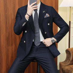 Showlu Fashion Store 2023 Fashion New Men Boutique Double Breasted Plaid Slim Business Wedding Suit Pants2 Pcs Set Dress Blazers Jacket Trousers