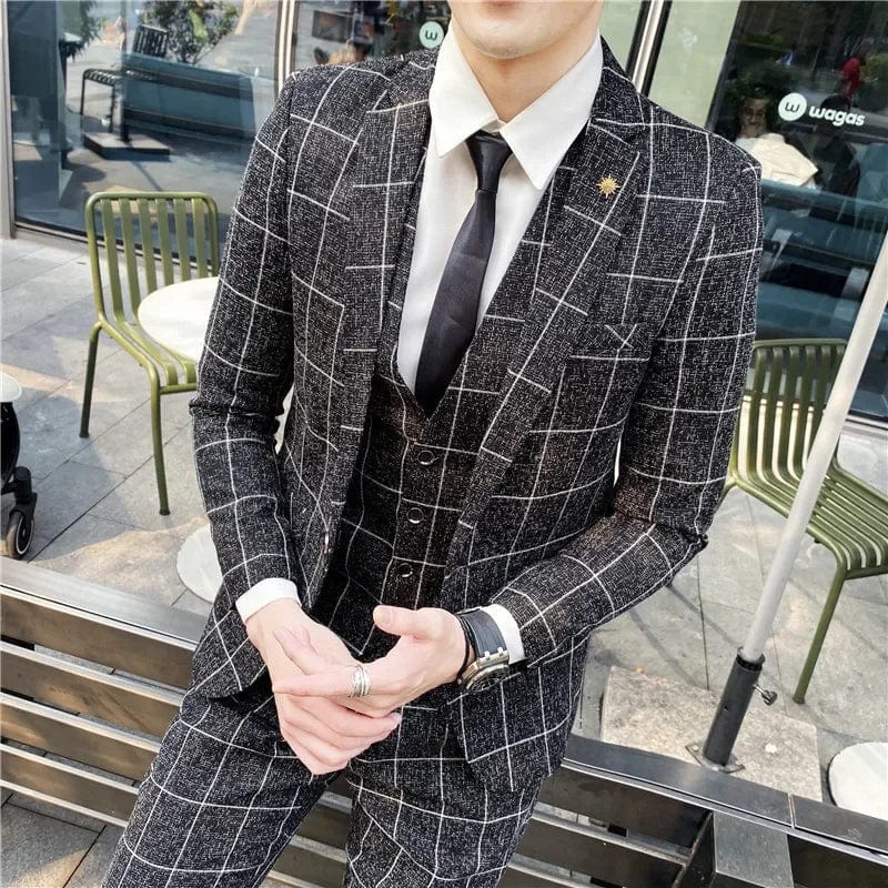 Showlu Fashion Store 2023 Fashion New Men's Leisure Boutique Business Plaid Slim Suit 3 Pcs Set / Male Linen Striped Dress Blazers Jacket Pants Vest