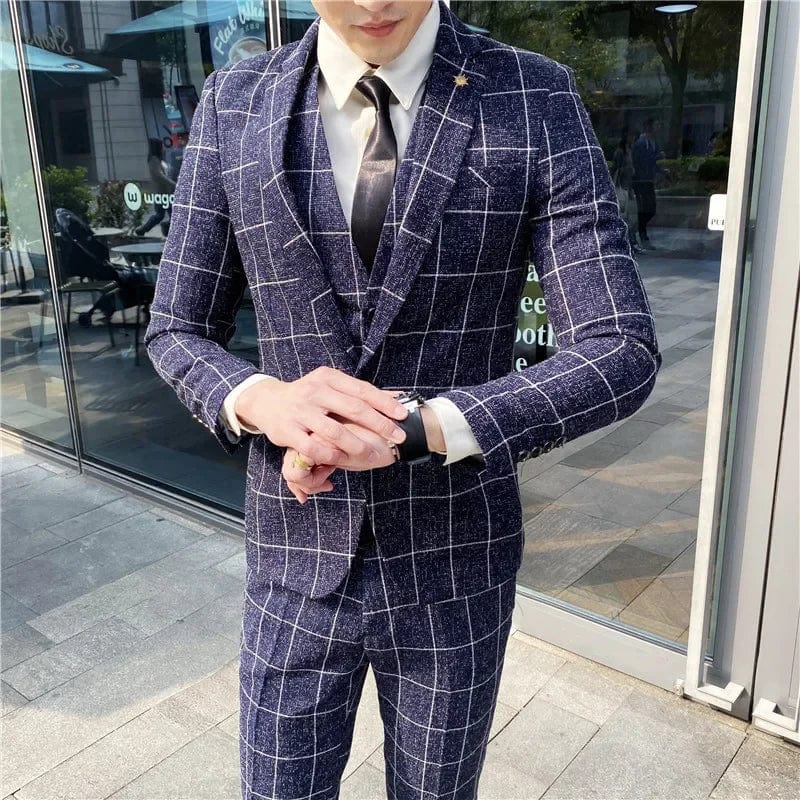 Showlu Fashion Store 2023 Fashion New Men's Leisure Boutique Business Plaid Slim Suit 3 Pcs Set / Male Linen Striped Dress Blazers Jacket Pants Vest