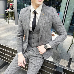 Showlu Fashion Store 2023 Fashion New Men's Leisure Boutique Business Plaid Slim Suit 3 Pcs Set / Male Linen Striped Dress Blazers Jacket Pants Vest