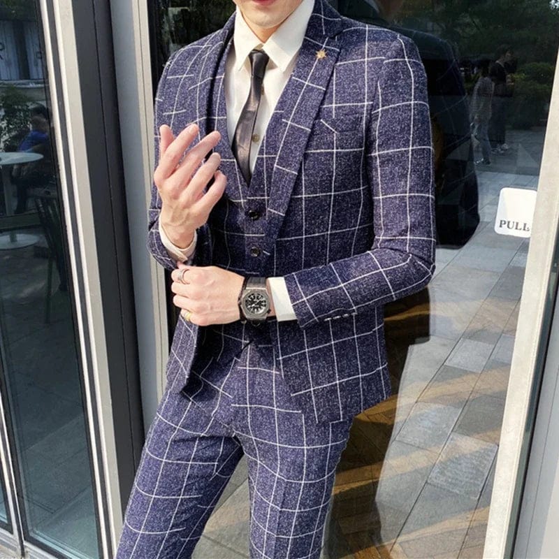 Showlu Fashion Store 2023 Fashion New Men's Leisure Boutique Business Plaid Slim Suit 3 Pcs Set / Male Linen Striped Dress Blazers Jacket Pants Vest