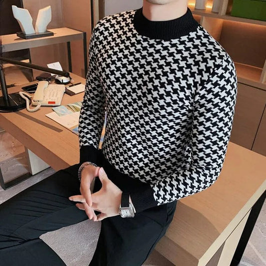 SHOWLU FASHION STORE 2023 Men's Winter Warm High Collar Knitting Sweater/Male Slim Fit Fashion Casual Pullover Men's Plaid Knit Shirt British Style