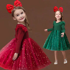 Showlu Fashion Store 2023 New Christmas Costumes for Baby Winter Girl Mesh Dresses for Long Sleeve 3-8Y Kid Star Sequin Birthday Party Princess Dress