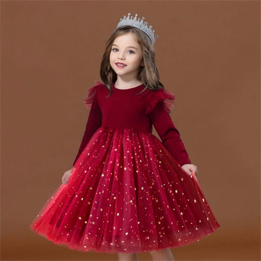 Showlu Fashion Store 2023 New Christmas Costumes for Baby Winter Girl Mesh Dresses for Long Sleeve 3-8Y Kid Star Sequin Birthday Party Princess Dress