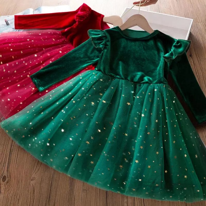 Showlu Fashion Store 2023 New Christmas Costumes for Baby Winter Girl Mesh Dresses for Long Sleeve 3-8Y Kid Star Sequin Birthday Party Princess Dress