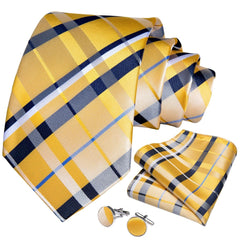 SHOWLU FASHION STORE 2023 New Classic Yellow Striped Plaid Silk Ties For Men Handkerchief Cufflinks Brooch Pin Wedding Accessories Men Gift Dropship