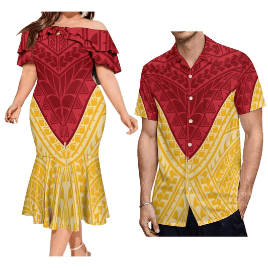 SHOWLU FASHION STORE 2023 New Custom Logo Big People Men Button Aloha Shirts And Women Mermaid Dress Hawaii Polynesian Personality Couple Suit