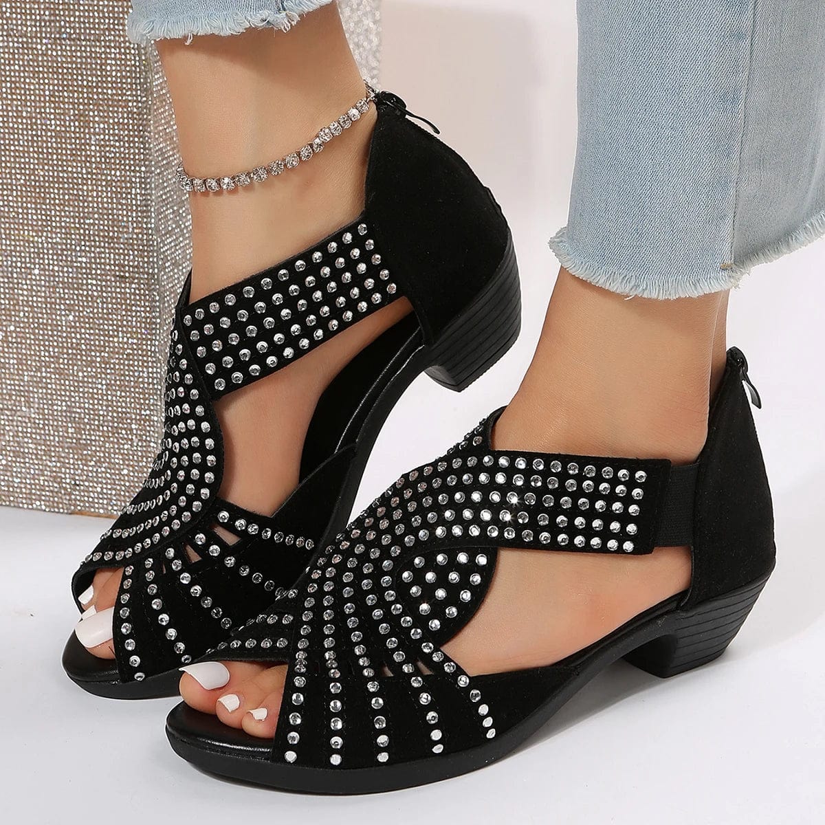 Showlu Fashion Store 2023 New Fashion Comfortable Sandals Women's Rhinestone Zipper Crystal Indoor Shoes Women's Open Toe Shoes