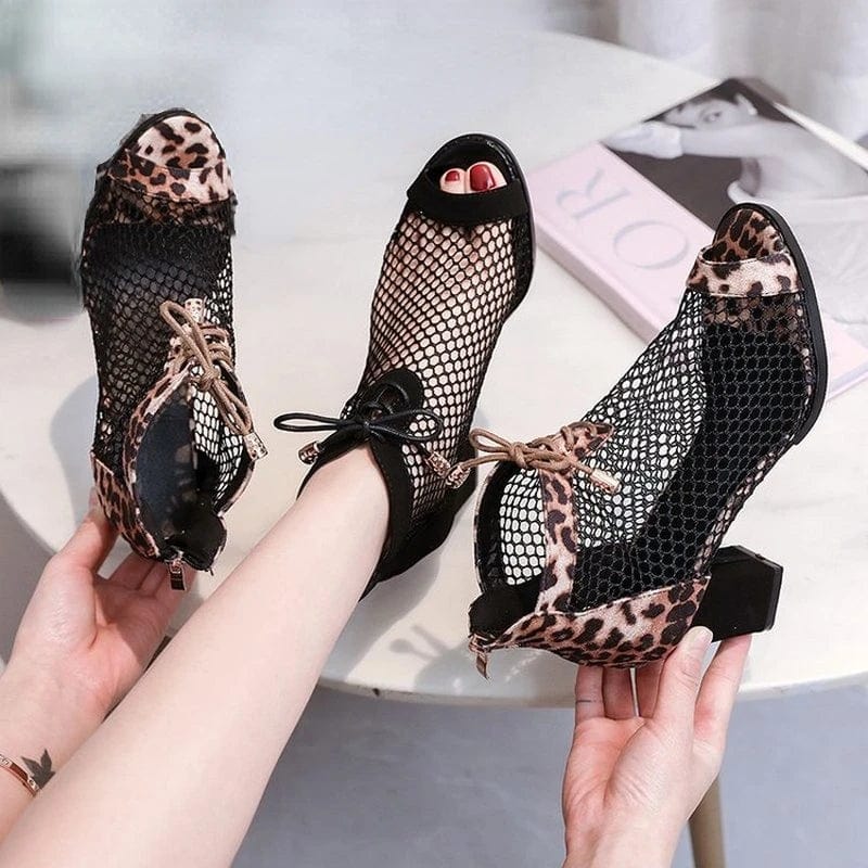  Showlu Fashion Store 2023 New Fashion Ladies Sandals European and American Fashion Mesh Hollow High Heel Booties Thick Heel Leopard Print Fish Mouth