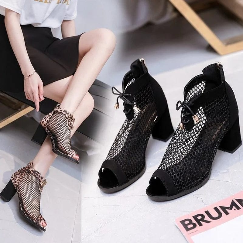  Showlu Fashion Store 2023 New Fashion Ladies Sandals European and American Fashion Mesh Hollow High Heel Booties Thick Heel Leopard Print Fish Mouth