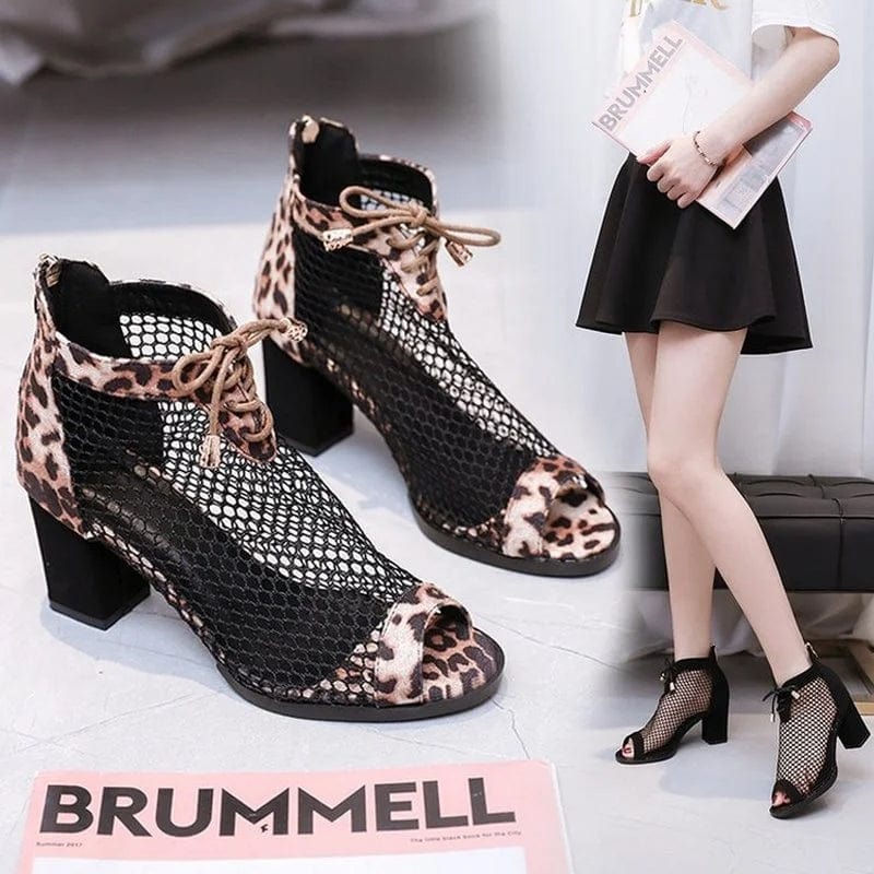  Showlu Fashion Store 2023 New Fashion Ladies Sandals European and American Fashion Mesh Hollow High Heel Booties Thick Heel Leopard Print Fish Mouth