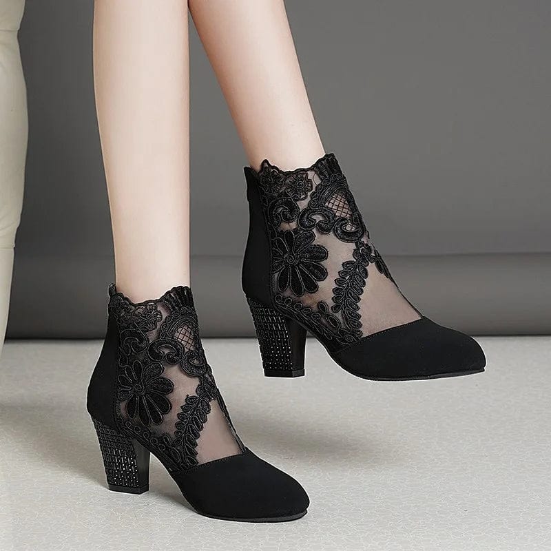 Showlu Fashion Store 2023 New Fashion Women High Heels Lace Flower Ankle Strap Hollow Out Sandals Round Toe Zip Pumps Zapatos De Mujer