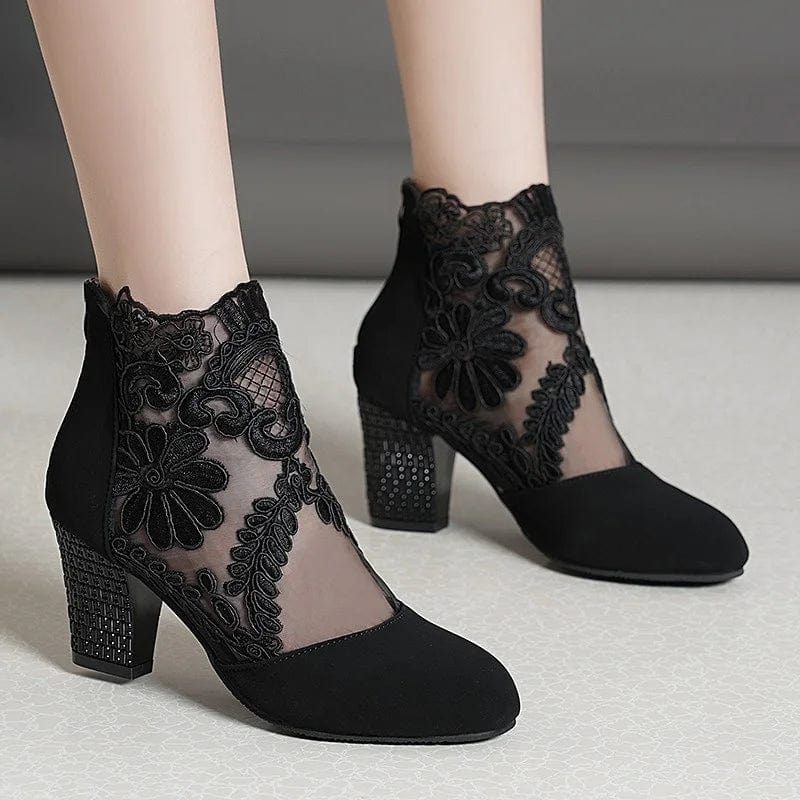 Showlu Fashion Store 2023 New Fashion Women High Heels Lace Flower Ankle Strap Hollow Out Sandals Round Toe Zip Pumps Zapatos De Mujer