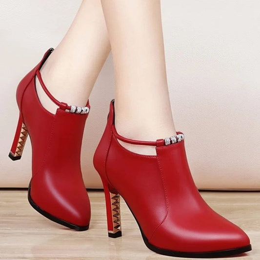 Showlu Fashion Store 2023 New Women Red Women's Boots Stilettos Heels Ankle Boot Leather Casual Elegant Short Shoes Spring Summer Pumps Size 34