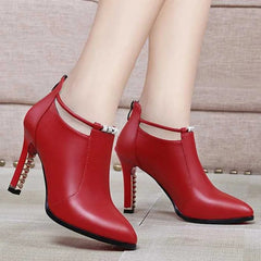 Showlu Fashion Store 2023 New Women Red Women's Boots Stilettos Heels Ankle Boot Leather Casual Elegant Short Shoes Spring Summer Pumps Size 34