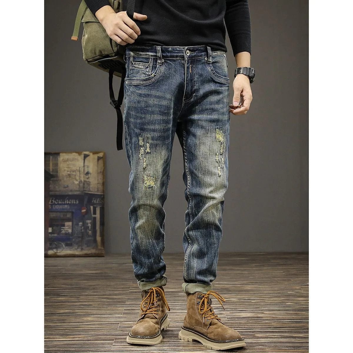 Showlu Fashion Store 2023 Spring and Autumn New Fashion Trend Retro Ripped Jeans Men's Casual Elastic Comfortable High-Quality Large Size Trousers