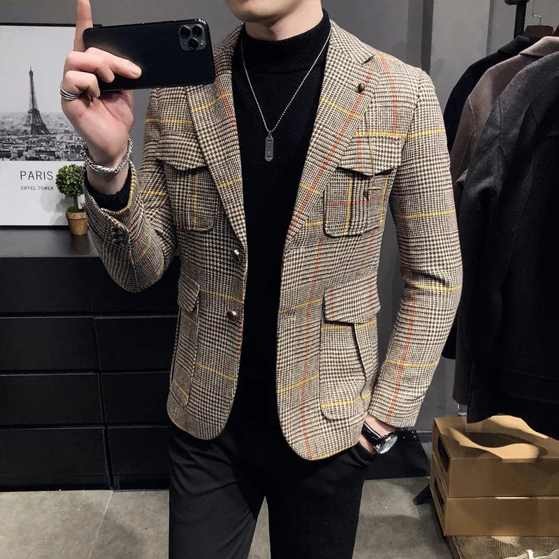 SHOWLU FASHION STORE 2023 Spring Men Plaid Blazers British Printed Wedding Business Casual Blazer Suit Jacket Male Formal Blazers Plus Size S-3XL