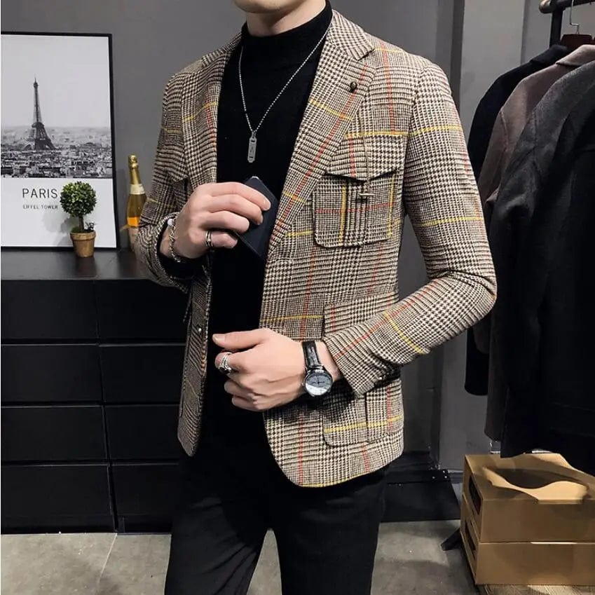 SHOWLU FASHION STORE 2023 Spring Men Plaid Blazers British Printed Wedding Business Casual Blazer Suit Jacket Male Formal Blazers Plus Size S-3XL