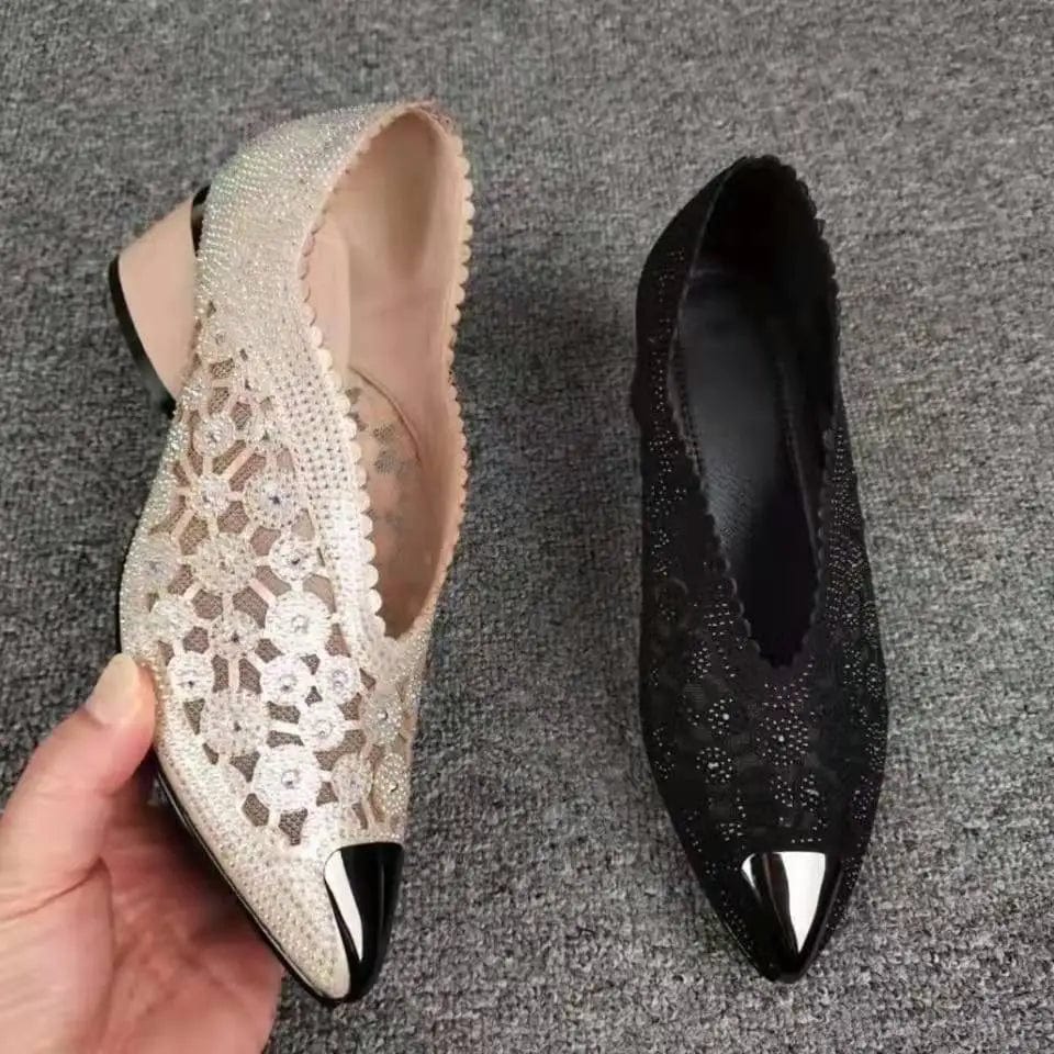  Showlu Fashion Store 2023 spring rhinodrill thick high heel pointed black bow European and American fashion mesh hollow-out women's fashion shoes