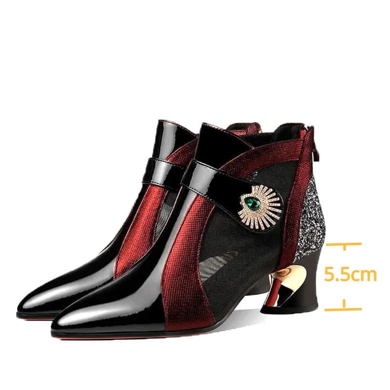 Showlu Fashion Store 2023 Summer Mesh Breathable Sandals with Rhinestone Decoration Shaped Heels Retro British Style Sandals Leather Boots Women