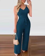 Showlu Fashion Store 2023 Summer Woman Long Jumpsuits Elegant Sexy V-Neck Shirred Cami Top & High Waist Pants Set New Fashion Casual One Pieces