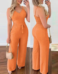 Showlu Fashion Store 2023 Summer Woman Long Jumpsuits Elegant Sexy V-Neck Shirred Cami Top & High Waist Pants Set New Fashion Casual One Pieces