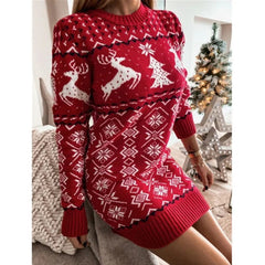 Showlu Fashion Store 2023 Winter Women Christmas Sweater Dress Long Sleeve O Neck Casual Slim Knitted Bodycon Dresses Jacquard Party Clothes Vestidos