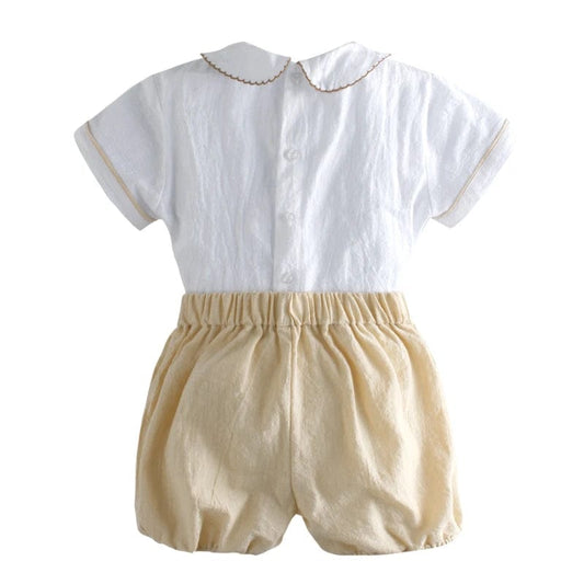  Showlu Fashion Store 2024 Children's Set for Boys Baby Elegant Boutique Design Outfits Matching Kids Handmade Smocked Shirt + Plain Shorts Clothes