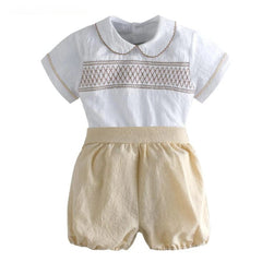  Showlu Fashion Store 2024 Children's Set for Boys Baby Elegant Boutique Design Outfits Matching Kids Handmade Smocked Shirt + Plain Shorts Clothes