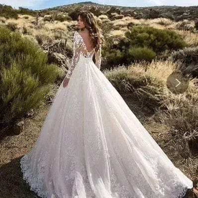 Showlu Fashion Store 2024 Elegant High Waist Wedding Dress Women Clothing Pure White Long Sleeves Women's Solid Color Print Ball Gown