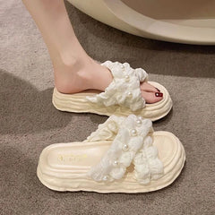 SHOWLU FASHION STORE 2024 New Fairy Style Platform Dissolved Shoes Seaside Beach Slippers Ins Pearl Sandals Women's Outer Wear