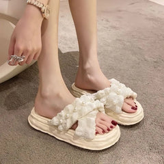 SHOWLU FASHION STORE 2024 New Fairy Style Platform Dissolved Shoes Seaside Beach Slippers Ins Pearl Sandals Women's Outer Wear