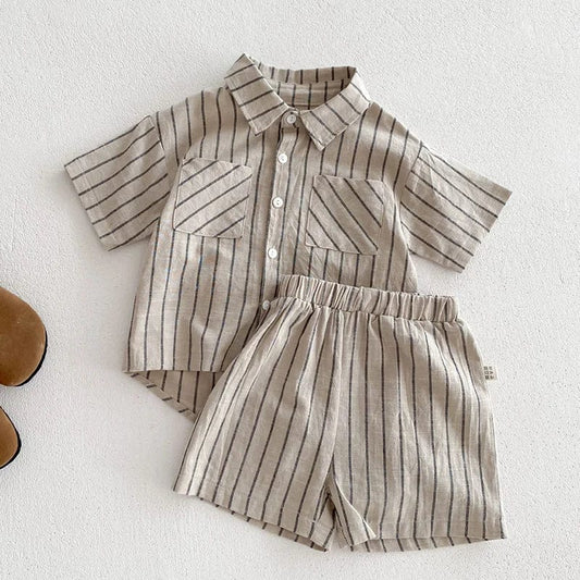 Showlu Fashion Store 2024 New Summer Children Clothes Suit Short Sleeved Cotton Striped Shirt+Shorts Baby Boys Clothing Set Korean Japan Style