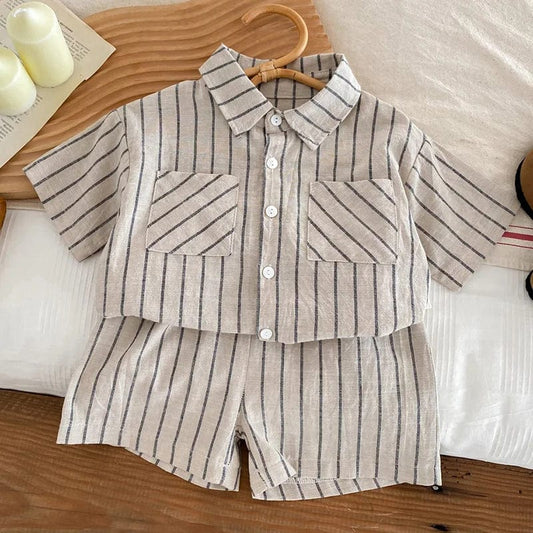 Showlu Fashion Store 2024 New Summer Children Clothes Suit Short Sleeved Cotton Striped Shirt+Shorts Baby Boys Clothing Set Korean Japan Style