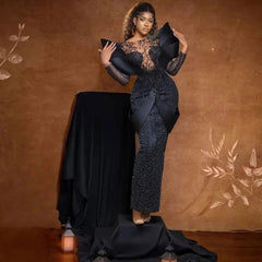 SHOWLU FASHION STORE 2024 Sexy African Evening Dresses for Women Mermaid Black Lace Prom Gowns Off Shoulder Aso Ebi Wedding Dress robes de soirée