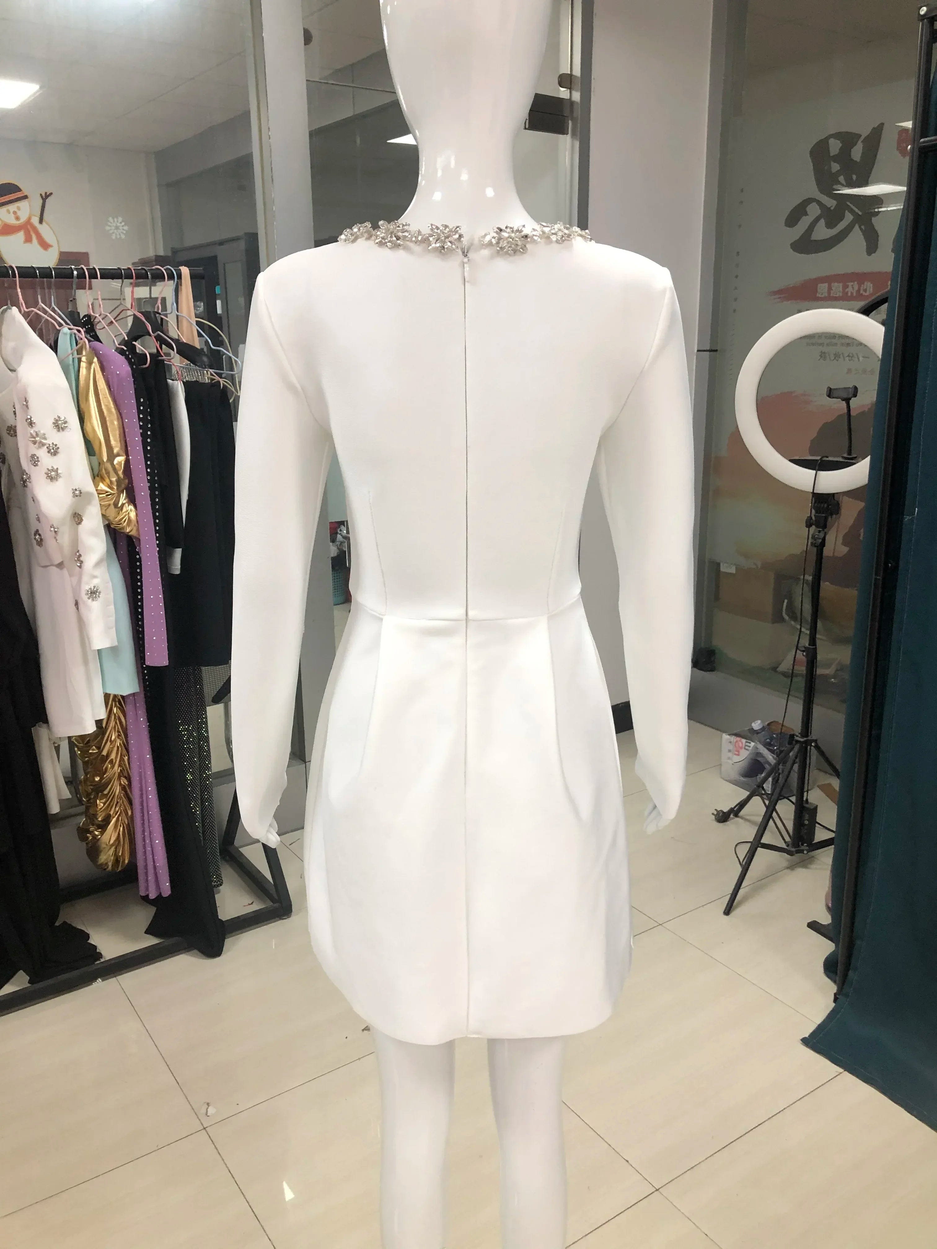 SHOWLU FASHION STORE 2024 Summer New Women's White Long sleeved Square Neck Diamond Pocket Decoration A-line Dress Bodycon Celebrity Party Mini Dress