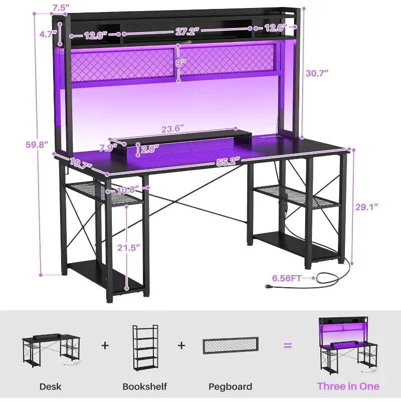 SHOWLU FASHION STORE 2024 Upgrade Gaming Desk with Hutch, 48'' Magic Computer Desk with LED and Outlets, Reversible Workstation Desk with Pegboard