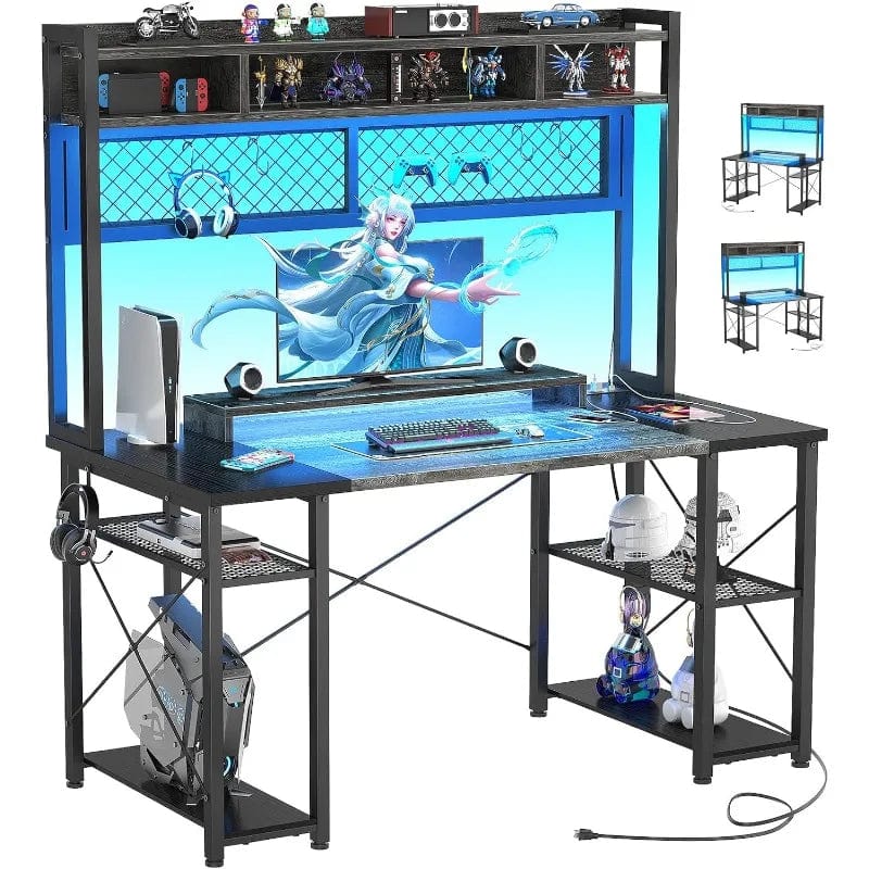 SHOWLU FASHION STORE 2024 Upgrade Gaming Desk with Hutch, 48'' Magic Computer Desk with LED and Outlets, Reversible Workstation Desk with Pegboard