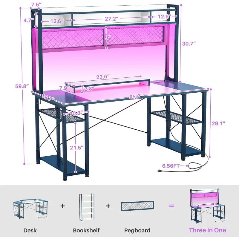 SHOWLU FASHION STORE 2024 Upgrade Gaming Desk with Hutch, 48'' Magic Computer Desk with LED and Outlets, Reversible Workstation Desk with Pegboard